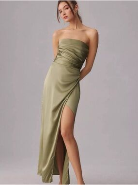 Reformation Olive Satin Strapless Column Gown with High Slit